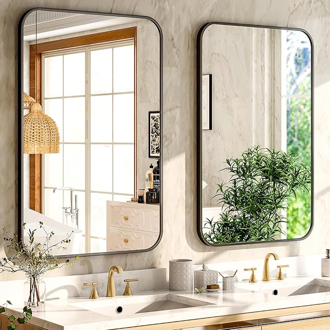 Easly 26 x 38 Inch Bathroom Mirror, Rounded Rectangular Vanity Mirror for Wall, Modern Mirror for Room Decor, Black Framed Wall-Mounted Mirrors for Home Decor, Hangs Horizontally or Vertically