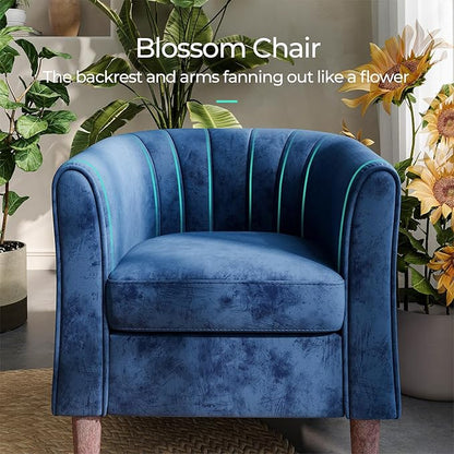 LINSY Accent Chair with Ottoman, Modern Barrel Chair Comfy Armchair Reading Chair with Footrest, Round Arms Chair for Living Room Bedroom Reading Room, Velvet, Blue