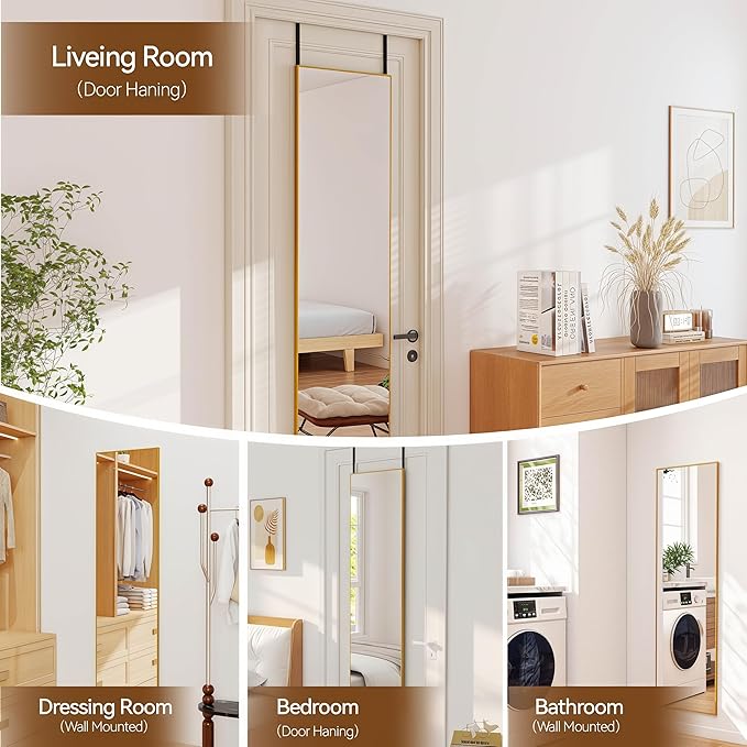 NARCISSUS 47x14 Mirror Door Hanging Full Length,Over Door or Wall Mounted Aluminum Alloy Frame Tempered Glass Rectangle Full Body Mirrors for Bedroom Dressing Living Room Bathroom 47 inch Gold
