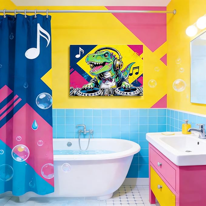 16x24 Pop DJ Dinosaur Canvas Wall Art Prints, Graffiti T-Rex Music Decor with Headphone & Turntable, Colorful Wall Painting for Teen Boy/Kids Bedroom, Child Home Painting Vibrant Hanging Game Poster