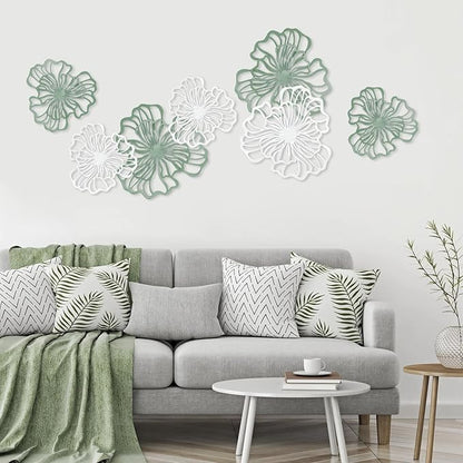 7 Piece Metal Wall Decor for Living Room, Boho Double Layered Iron Flower Wall Hanging Art, Aesthetic Indoor Metal Wall Sculpture Decor for Bedroom Kitchen Bathroom Farmhouse Home Office, Green-White