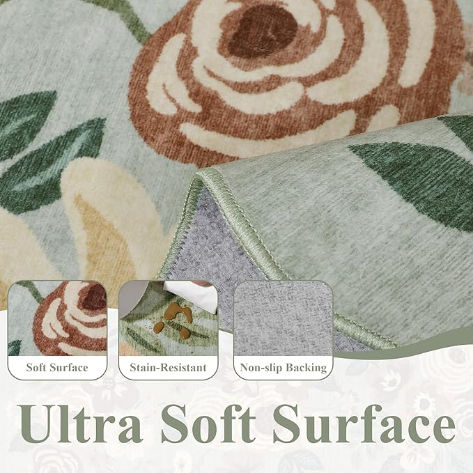 DUKINO 4x6 Area Rug, Floral Non-Slip Indoor Washable Rug with Low Pile & Non-Shedding, Lightwight Boho Design Carpet for Entryway, Bedroom, Kids Room, Living Room, Kitchen, Sage Green