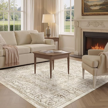 Area Rug 5x8 Washable Vintage - Soft Traditional Rugs for Living Room Large Non Slip Backing with Low Pile Farmhouse Oriental Retro Carpet for Bedroom Dining Room or Home Office - Yellowish Brown