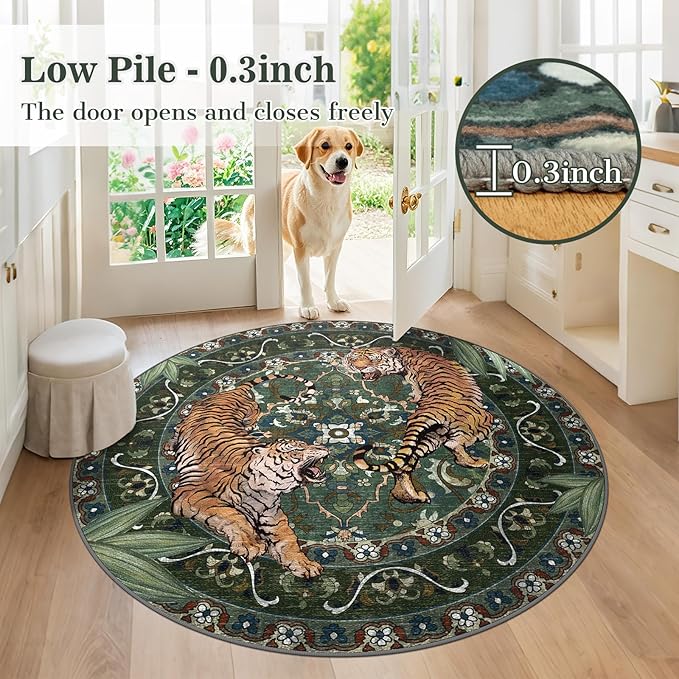 Round Tiger Area Rugs for Living Room 5ft, Boho Green Animal Print Bedroom Circle Rugs Non Slip, Washable Botanical Jungle Floor Carpet for Dining Room Entryway Nursery Playroom Office