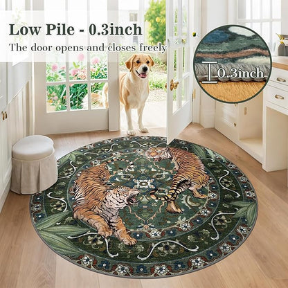 Round Tiger Area Rugs for Living Room 5ft, Boho Green Animal Print Bedroom Circle Rugs Non Slip, Washable Botanical Jungle Floor Carpet for Dining Room Entryway Nursery Playroom Office