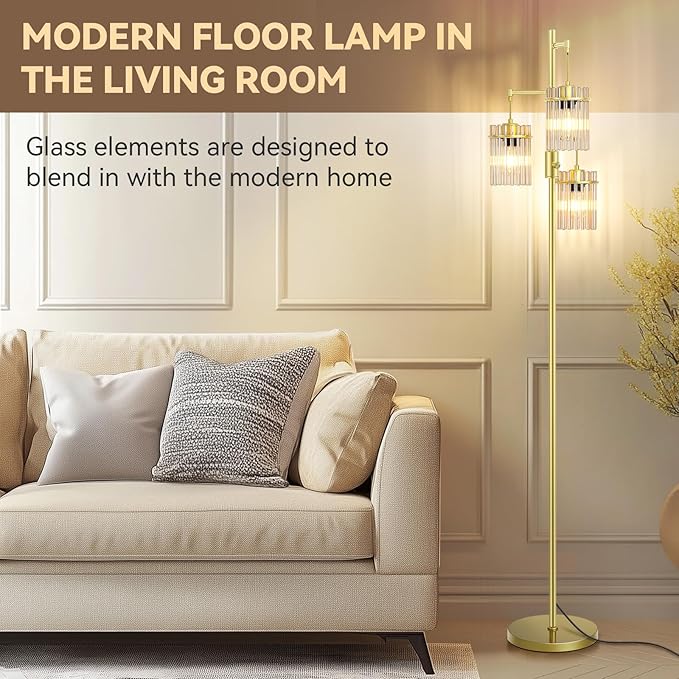 Farmhouse Glod Modern Floor Lamps for Living Room, Dimmable Glass Tree Standing Tall Lamps with 3 Elegant Teardrop Cage Head & 800 Lumens LED Bulbs for Bedroom Office (65inch Tall)