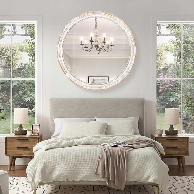 HOITUZYUS 36 Inch Farmhouse Round Wood Mirror, Rustic Boho Circle Decorative Mirrors for Bathroom, Living Room, Entryway, Bedroom, Hallway