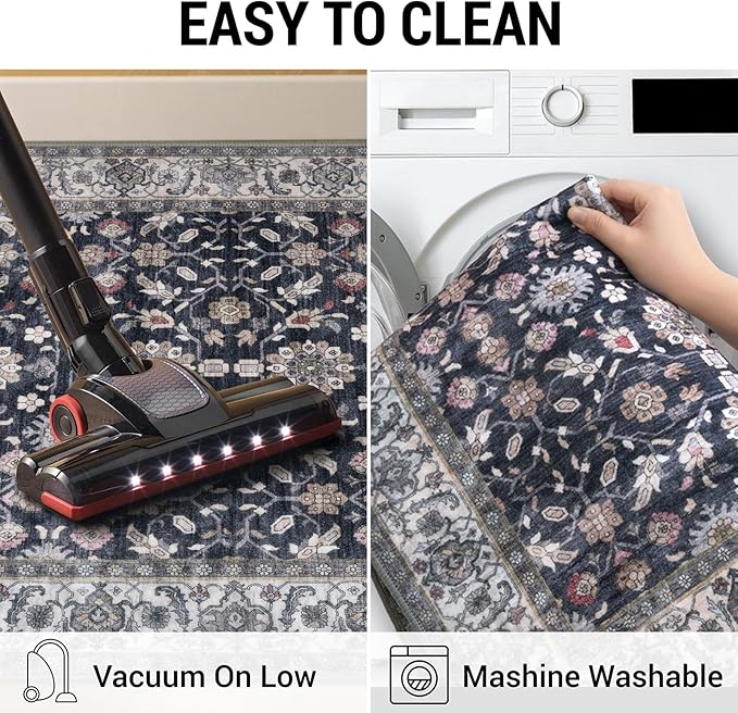 KUTA Runners for Hallways 2x6, Vintage Floral Rug Non-Slip Washable Kitchen Rugs Grey Black Beige Ultra Thin Soft Printed Distressed Flower Carpet Entryway Rugs for Bedroom Laundry Nursery
