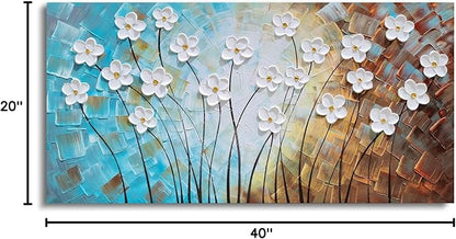 YHSKY ARTS Flower Canvas Wall Art Hand Painted 3D Turquoise Brown White Painting Modern Abstract Floral Pictures Aesthetic Artwork for Living Room Bedroom Dinning Room Decoration