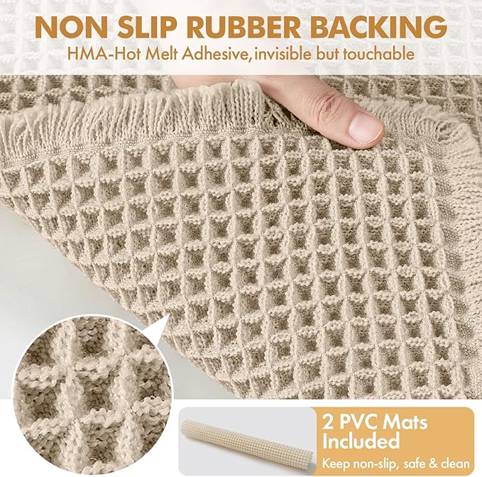 MIULEE Set of 2 Waffle Bathroom Rugs, Boho Bath Rugs Non Slip Washable, Super Absorbent Bath Mats, Ultra Soft Rubber Backed Shower Mats for Bathroom Floor, Tub and Shower, Pale Beige, 18x30 Inch