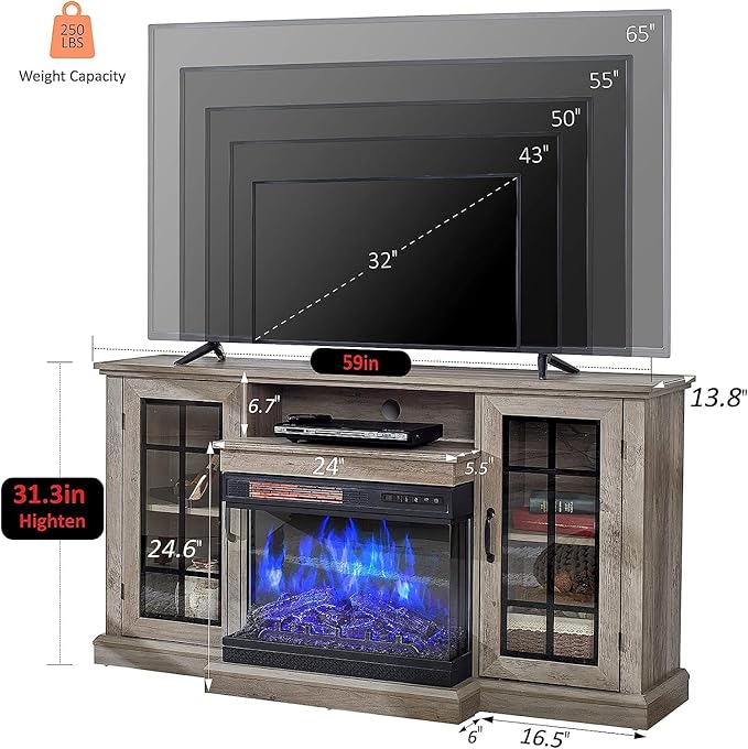 AMERLIFE 3-Sided Glass Fireplace TV Stand for TVs up to 65'' with 12 Color, Media Entertainment Center Console Table with Doors Closed Storage, Wash Gray