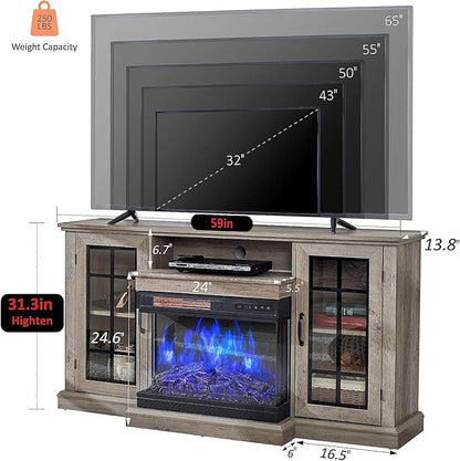 AMERLIFE 3-Sided Glass Fireplace TV Stand for TVs up to 65'' with 12 Color, Media Entertainment Center Console Table with Doors Closed Storage, Wash Gray