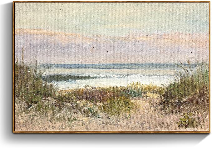 crmotu Beach Framed Wall Art, Coastal Landscape Canvas Prints, Ocean Wave Vintage Wall Decor, Nature Scenery Rustic Wall Paintings for Living Room Bedroom Bathroom Kitchen Decorations 16x24in