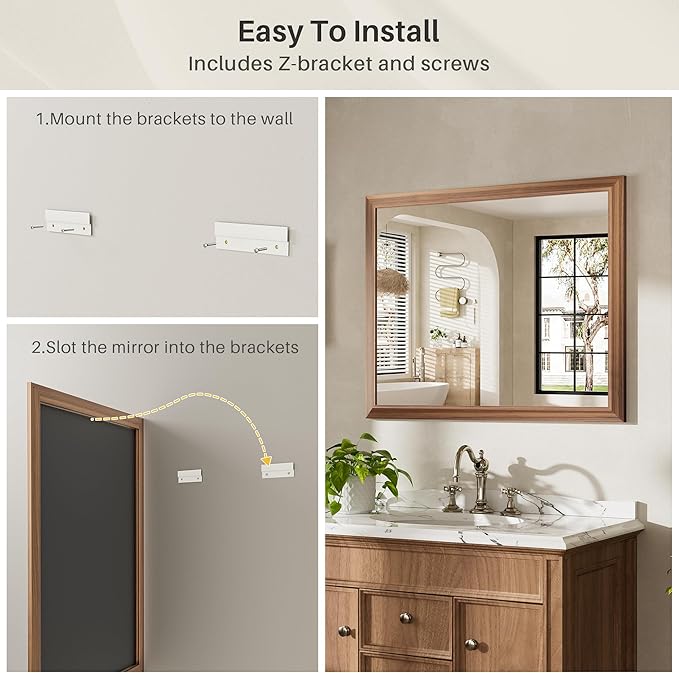 60x40 Inch Bathroom Mirror for Wall, Anti-Rust Walnut Wood Grain Metal Framed Bathroom Mirrors for Over Sink,Rectangler Mirrors for Bathroom Vanity, Farmhouse, Bedroom, Living Room, Entryway Decor