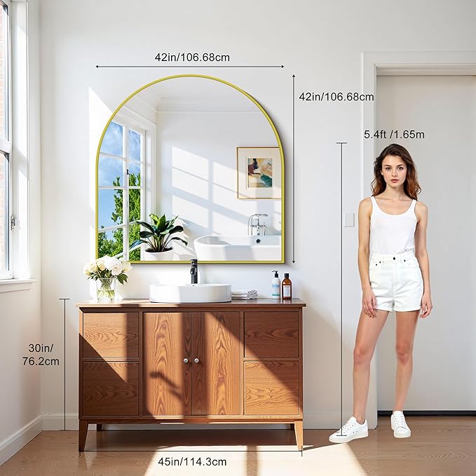 CIRCUMI Arched Wall Mirror, 42"x42" Gold Arched Mirror with Tempered Glass, Metal Frame, Large Size for Entryway Table, Mantel,Living Room,Over Sink,Arch Mirror for Decor,Shatterproof&Crystal-Clear