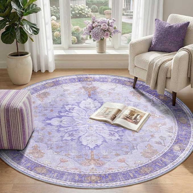 RELEANY Area Rugs Round 4ft Washable Non-Slip, Floral Vintage Distress Print Pattern Medallion Carpet for Living Room Bedroom Dining Room, Light Purple Brown