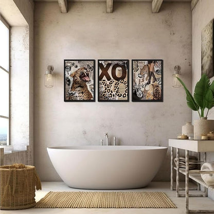 Framed Trendy Leopard Roar Canvas Wall Art Srt of 3, Fashion Stylish Cheetah Prints, Trendy Boots Poster, Aesthetic Fashion Wall Decor for Living Room Bedroom – Black Wooden Frame 16x24in