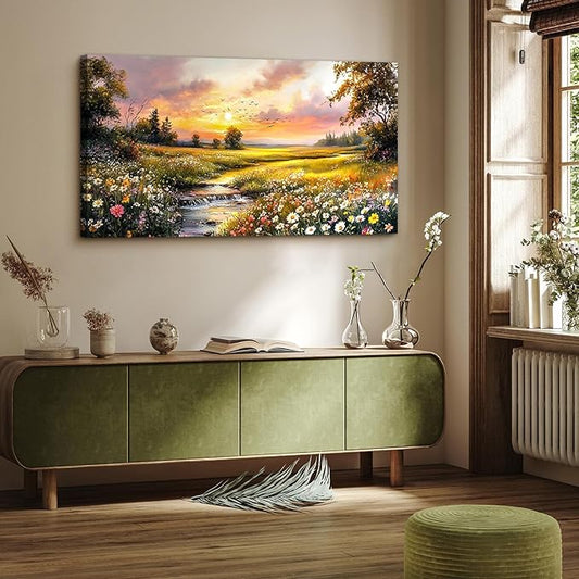 crmotu Country Landscape Wall Art, Riverside Wildflower Daisy Large Artwork, Vibrant Rural Canvas Art Prints, Sunset Aesthetic Rustic Farmhouse Wall Decor Living Room Bedroom Dining Room 24X48 In