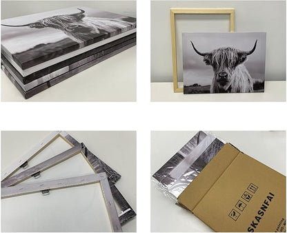 SKASNFAI Highland Cow Wall Decor Black and White Cow Pictures Animal Canvas Wall Art Cattle Paintings Prints Framed for Living Room Bedroom (16x24 inch)