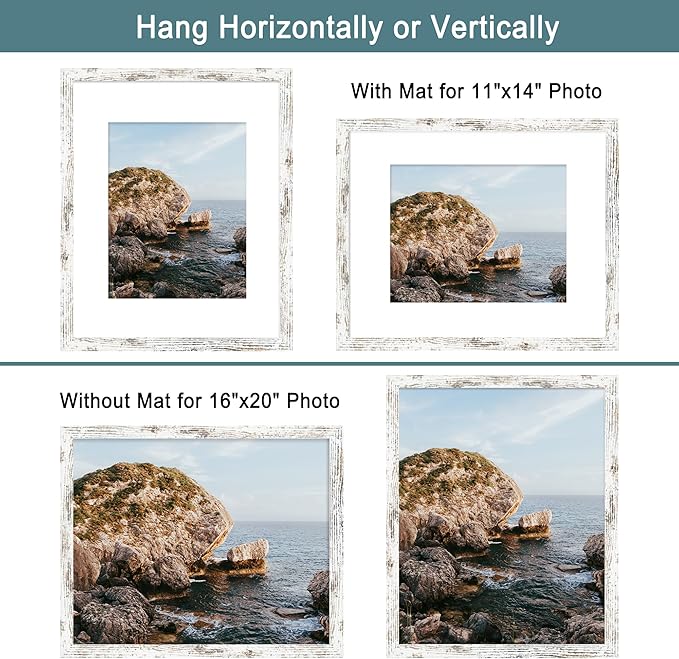 iRahmen 16x20 Picture Frame Set of 2 with Plexiglass, Distressed White Wood Poster Frame Display 11x14 Picture with Mat or 16 x 20 Without Mat for Photo Wall Mounting