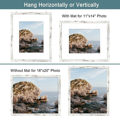 iRahmen 16x20 Picture Frame Set of 2 with Plexiglass, Distressed White Wood Poster Frame Display 11x14 Picture with Mat or 16 x 20 Without Mat for Photo Wall Mounting