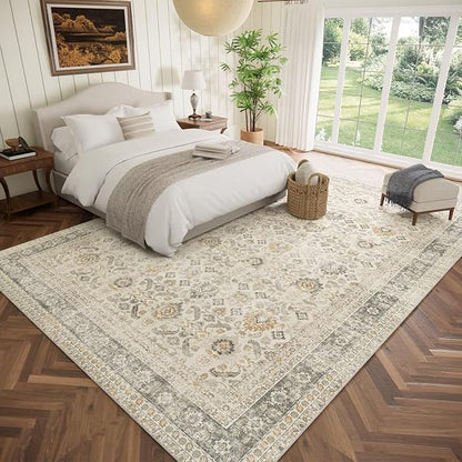 Washable 9x12 Area Rugs for Living Room, Boho Non-Slip Vintage Distress Lager Rugs for Bedroom Dining Room Nursery Office, 0.3" Neutral Oriental Throw Thin Carpet, Grey/Beige/Multi, C2