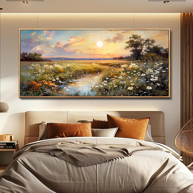 hyidecorart Large Framed Wall Art, Landscape Wall Art, Nature Wall Decor, Wildflowers Scenery Painting Prints, French Country Pictures for Living Room Bedroom Modern Farmhouse Decorations 32x72 In
