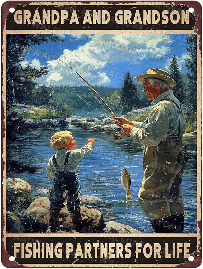 Vintage Fishing Metal Sign Grandpa And Grandson Fishing Partners For Life Metal Poster Home Kitchen Garden Bar Pub Coffee Man Cave Aluminium Sign Art Wall Decor Plaque 12x16Inch