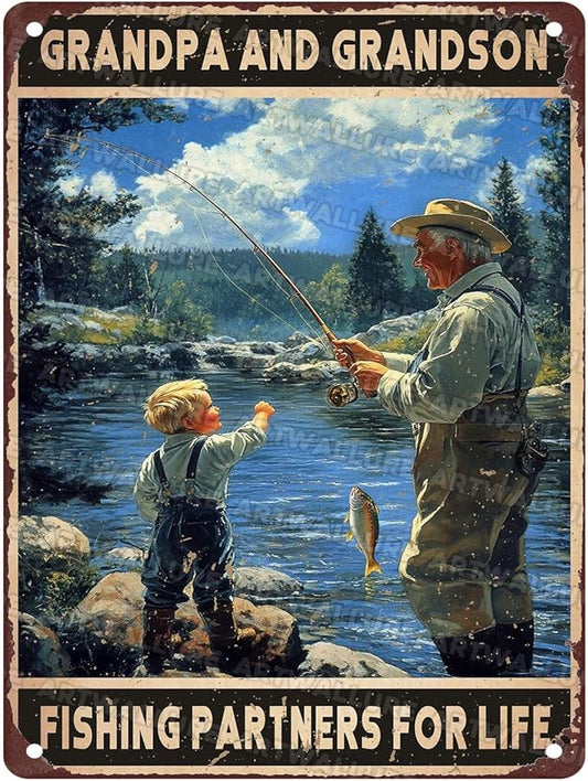 Vintage Fishing Metal Sign Grandpa And Grandson Fishing Partners For Life Metal Poster Home Kitchen Garden Bar Pub Coffee Man Cave Aluminium Sign Art Wall Decor Plaque 12x16Inch