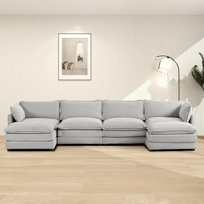 ROWHY 148'' Sectional Cloud Couch with 2 Ottomans, Oversized 4 Seat Sleeper Sofa with 2 Throw Pillows, Convertible Upholstered U Shaped Cozy Sofa Furniture Set for Living Room and Office, Light Grey