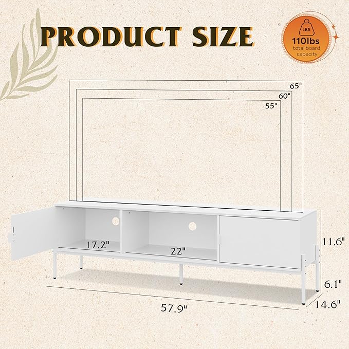 WLIVE TV Stand for 65 Inch TV, Mid Century Modern Entainment Center with 2 Storage Cabinets & Open Shelf, TV Console Table Media with Metal Legs for Living Room, Bedroom, White