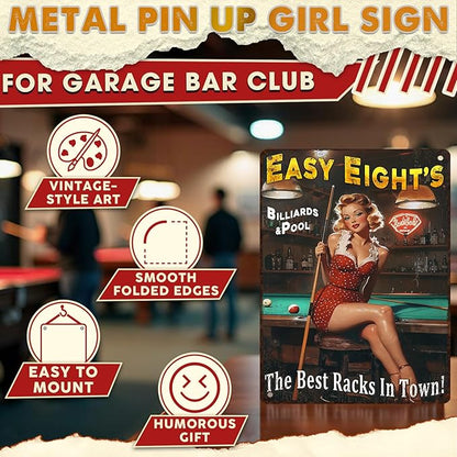 Retro Pin Up Girl Metal Sign Easy Eight's Vintage Man Cave Wall Art for Garage, Bar & Game Room 12x16 Inch Tin Poster