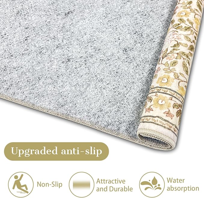 8x10 Area Rugs for Living Room, Floral Vintage Washable Large Soft Non-Slip Low Pile Carpet Indoor Floor Stain Resistant for Bedroom Dining Room, Beige/Multi