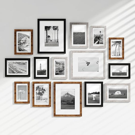 Venusmiles 15 Pack Picture Frames Collage Wall Decor, Gallery Frame Set for Wall Mounting or Tabletop Display, Multi Sizes Including 3pcs 8x10, 6pcs 5x7, 6pcs 4x6, Black+Rustic Brown+Distressed White