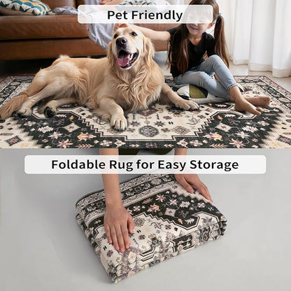 Tangsoo 2x3 Rugs for Entryway, Vintage Washable Indoor Area Rug,Boho Non-Slip Soft Low-Pile Small Entry Rug Door Mat Black and Gold Entrance Carpets for Kitchen Bathroom Bedroom