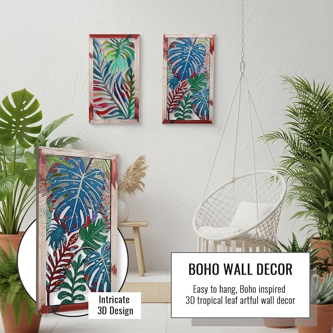 2 Pack Metal Leaf Boho Wall Decor, 3D Leaf Tropical Wall Decor, Metal Palm Leaves Tropical Wall Art, Modern Wall Art, Boho Room Decoration for Living Room, Bedroom and Bathroom, Housewarming Gift