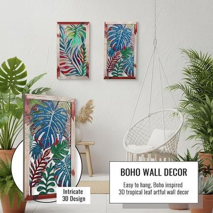 2 Pack Metal Leaf Boho Wall Decor, 3D Leaf Tropical Wall Decor, Metal Palm Leaves Tropical Wall Art, Modern Wall Art, Boho Room Decoration for Living Room, Bedroom and Bathroom, Housewarming Gift