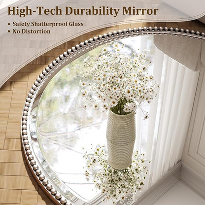 24 Inch Round Bathroom Mirror - Luxurious Retro Beaded Circle Decorative Wall Mirror with PU Frame Hanging Leaning as Art Decor for Entryway, Bedroom, Living Room, Hallway, Silver