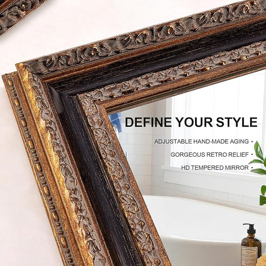 Antique Bathroom Wall Mirror 36.5" X 25", Bronze Mirror with Ornate Carvings Solid Wood Frame, Handmade Aging, for Vintage Living Room, Hallway and Bedroom