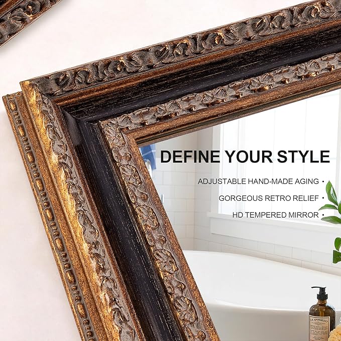 Vintage Wall Mirrors for Bathroom, 49" X 33" Ornate Carved Wood Frame Large Living Room Mirror, Black & Bronze Handmade Aging Wall Decor for Foyer, Entryway and Bedroom
