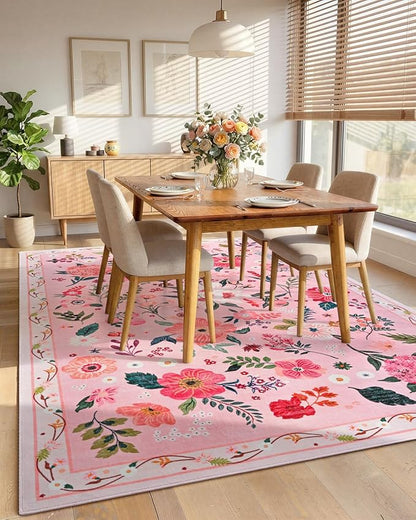 Macgace 6x9 Pink Floral Rug for Living Room, Machine Washable Area Rugs with Non Slip Backingfor Girls Bedroom, Cute Flowers Carpet Kitchen Dining Room Kids Playroom Decor