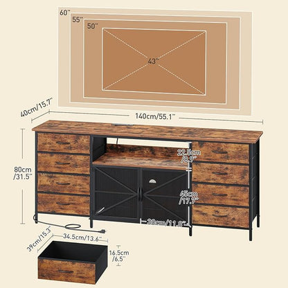 RALGEND Farmhouse TV Stand for 40/50/55 Inch TV, Small Entertainment Center with Storage Cabinets, Power Outlet & LED Light, Media Console Table with 8 Drawers for Living Room, Rustic Brown