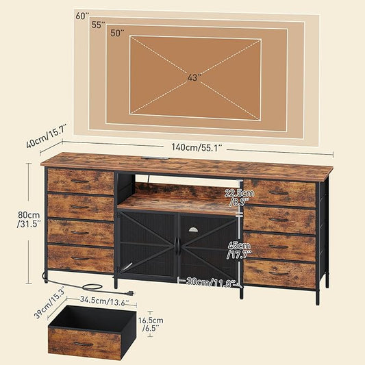 RALGEND Farmhouse TV Stand for 40/50/55 Inch TV, Small Entertainment Center with Storage Cabinets, Power Outlet & LED Light, Media Console Table with 8 Drawers for Living Room, Rustic Brown