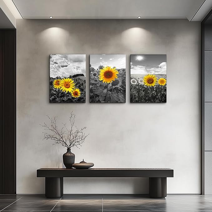 Canvas Wall Art - Family Wall Decor, Kitchen & Bedroom - Black & White Pastoral Scenery - Sunflower Flowers - 16x12, 3 Piece