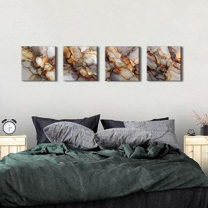 Gold Abstract Canvas Wall Art Marble Paintings Wall Decor Modern Fluid Texture Pictures for Walls Modern Home Decor Luxury Posters for Living Room Bedroom Office Artwork Decorations 12x12” 4 Pcs