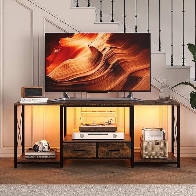 LED TV Stand with 2 Fabric Drawer - 55" Industrial TV Console Table with Open Storage Shelves for Living Room,Bedroom, Entertainment Center TV Stands for 55-65" TV - Black Steel Frame