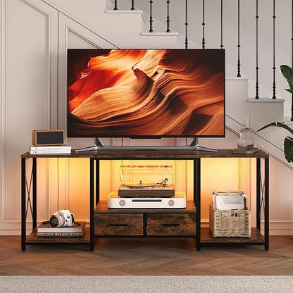 LED TV Stand with 2 Fabric Drawer - 55" Industrial TV Console Table with Open Storage Shelves for Living Room,Bedroom, Entertainment Center TV Stands for 55-65" TV - Black Steel Frame