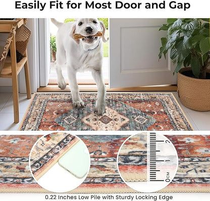 KOZYFLY Boho Area Rug 9x12 Ft Thin Rugs for Living Room Washable Bedroom Rug Non Slip Rugs for Living Room Rust/Orange/Blue Printed Faux Wool Vintage Bedroom Rug Floor Carpet for Dining Room