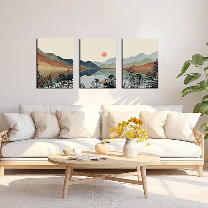 AKWISH Framed Mountain Canvas Wall Art Set of 3, Boho Watercolor Poster Prints Painting, Sun Forest Abstract Nature Landscape Artwork Wall Decor for Living Room, Bedroom, Office 12x16 In