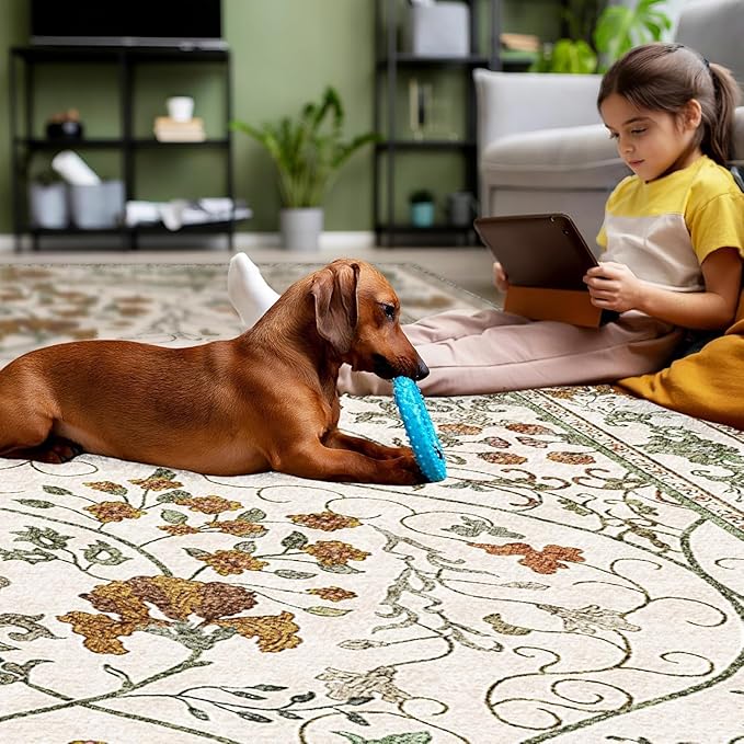 Area Rug 6x9 Machine Washable Vintage Floral Rugs for Living Room,Large Boho Non Slip Indoor Carpet for Bedroom Dining Room,Beige White
